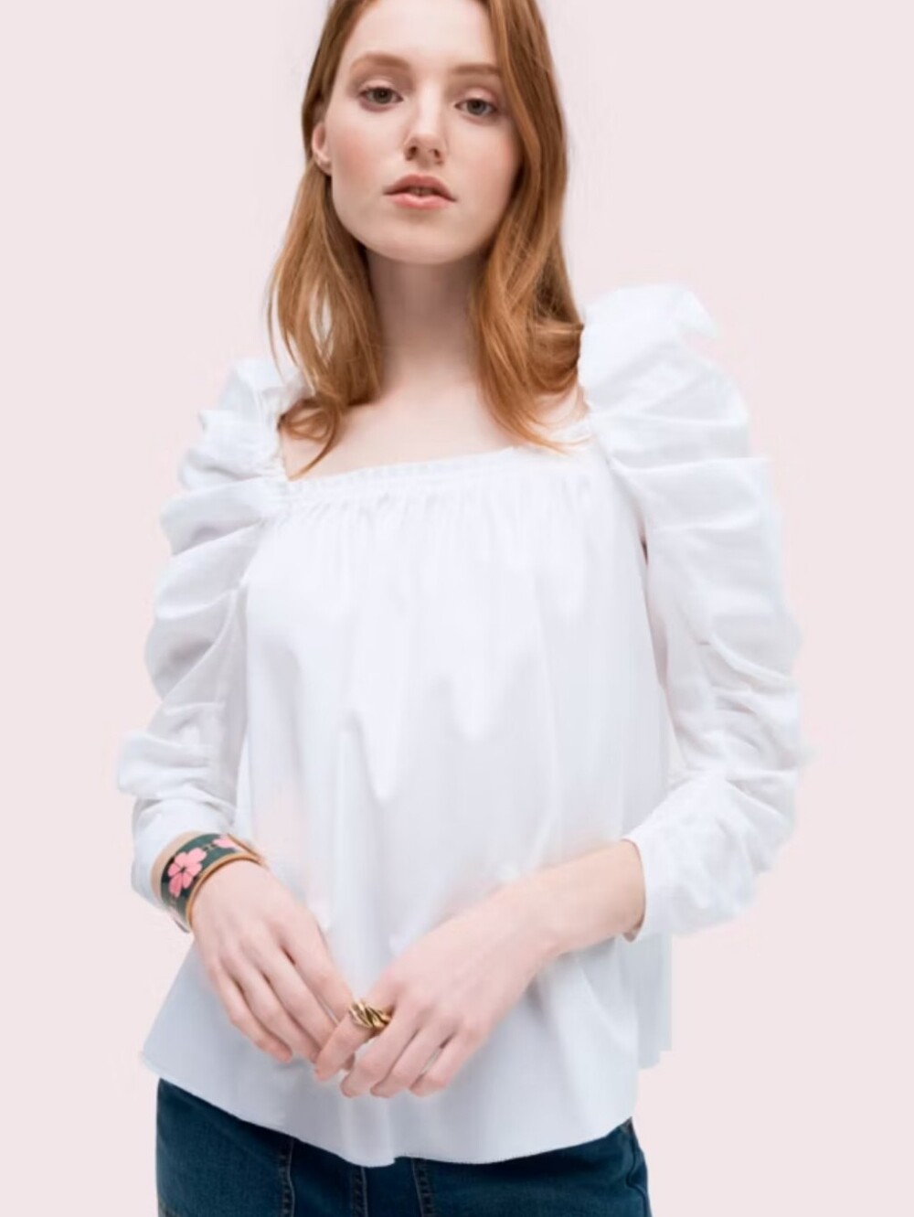 Kate Spade White Stretch Cotton Ruched Sleeve Square Neck Blouse 12